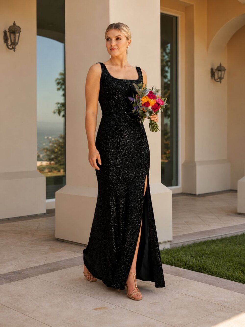 Black Sequin Long Formal Bridesmaid Evening Gown Square Neck Low Back B2 Jasmine